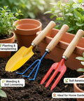 ecofynd 3 Pcs Gardening Hand Tools Set (Cultivator, Trowel, Fork with Wooden Handle)