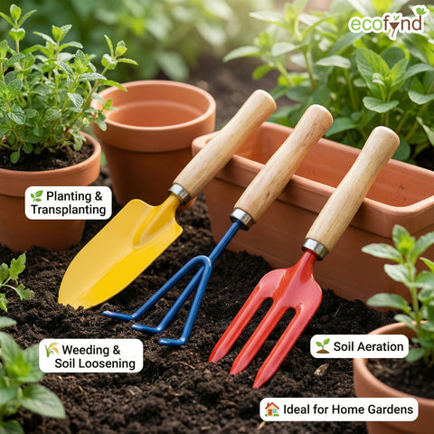 ecofynd 3 Pcs Gardening Hand Tools Set (Cultivator, Trowel, Fork with Wooden Handle)