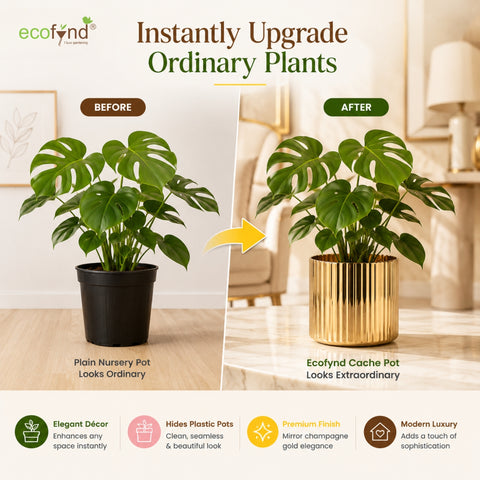 ecofynd 6 Inch Ribbed Metal Pedestal Planter – Gold Finish