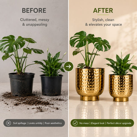 ecofynd Premium Golden Metal Planter – Set of 2, Goblet Design
