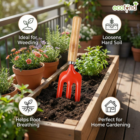 ecofynd Small Hand Fork with Wooden Handle – 25 × 6 cm Rust-Resistant Garden Tool