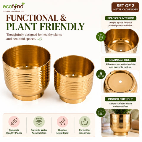 ecofynd Set of 2 Halo Ribbed Metal Planter in Symmetrical Design