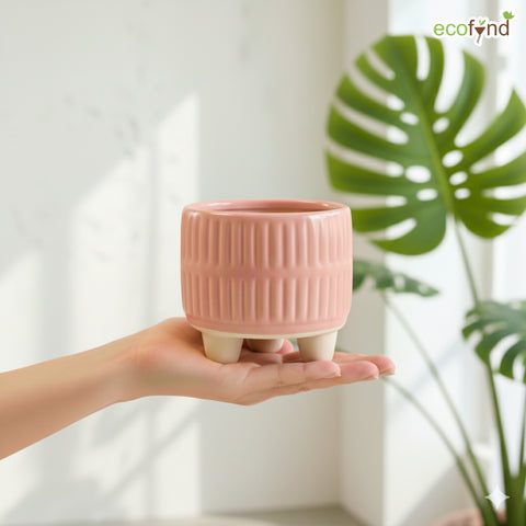 ecofynd Ecofynd Pink 3.5 Inch Ribbed Ceramic Cachepot Planter with Drainage Hole