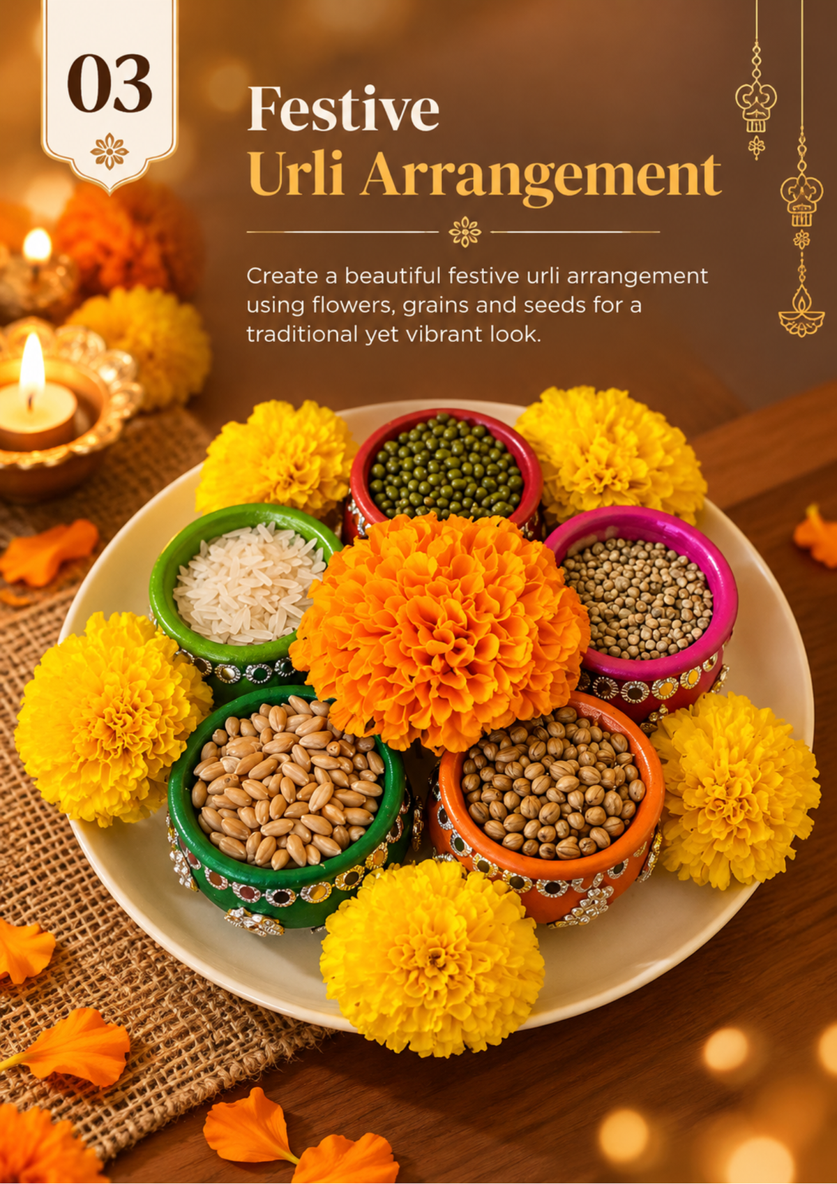 Festive urli arrangement idea with colourful pots of rice, grains and seeds surrounded by marigold flowers on a plate