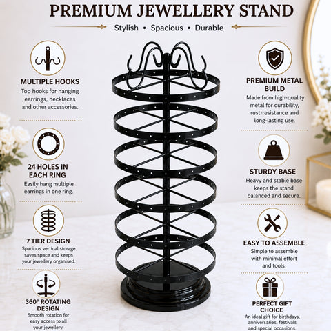 ecofynd Ecofynd 6-Tier Rotating Jewelry Organizer Stand with 144 Holes, Black Metal Earring Holder
