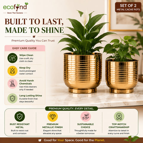 ecofynd Set of 2 Halo Ribbed Metal Planter in Symmetrical Design