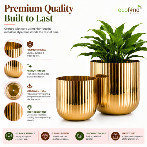 ecofynd Set of 2 Linea Patterned Golden Groove Planter – Gold Finish