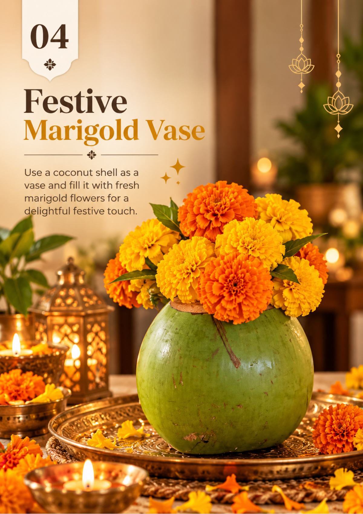 Festive marigold vase idea using a green coconut shell filled with orange and yellow marigolds