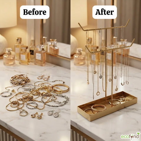 ecofynd Ecofynd 2-Tier Jewelry Hanger Stand with Storage Tray (Golden)