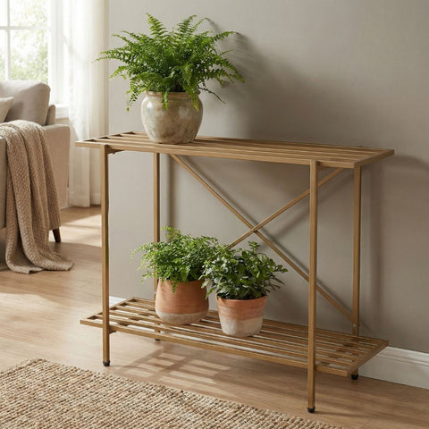 ecofynd Adam Metal Golden Plant Stand – 2 Tier Utility Display for Home & Garden