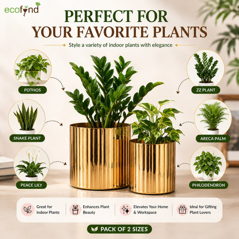 ecofynd Set of 2 Ribbed Metal Pedestal Planter – Gold Finish