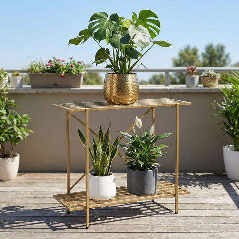 ecofynd Eric Jr Metal Golden Plant Stand – 2 Tier Utility Display for Home & Garden