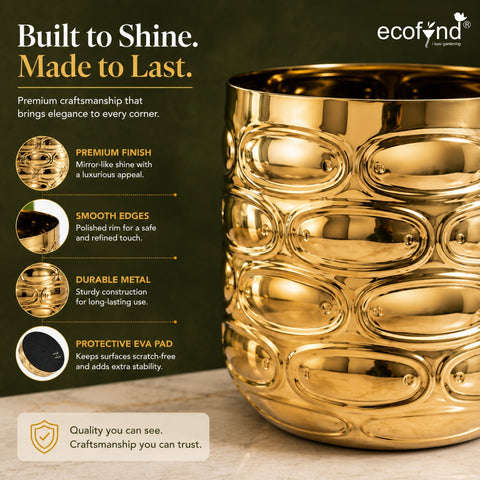 ecofynd Premium Golden Metal Planter – 5 Inch, Symmetrical Oval Design