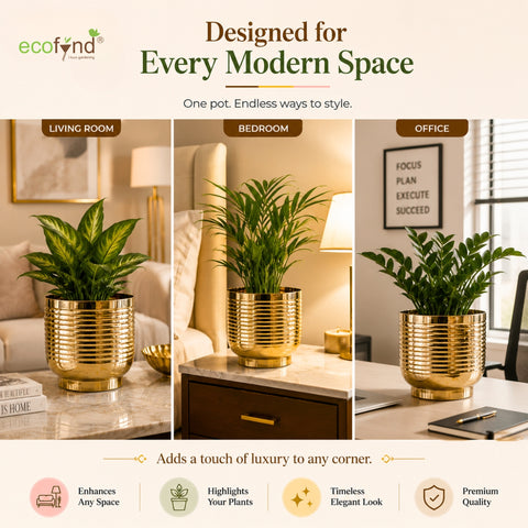 ecofynd Halo Ribbed 7 Inch Planter - Gold Finish Symmetrical Design