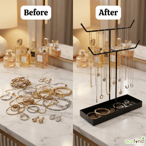 ecofynd Ecofynd 2-Tier Jewelry Hanger Stand with Storage Tray (Black)