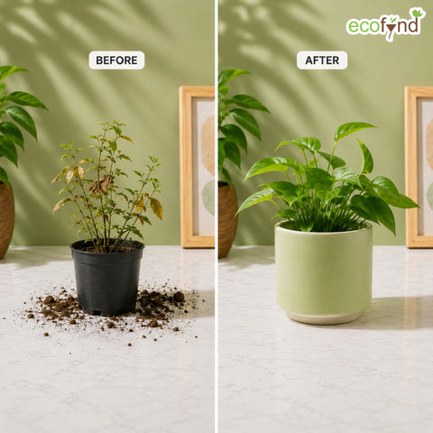 ecofynd Ecofynd 6 Inch Light Green Ceramic Cachepot Planter with Drainage