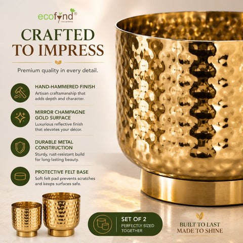 ecofynd Premium Golden Metal Planter – Set of 2, Goblet Design