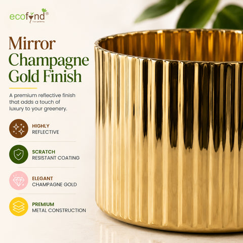 ecofynd 6 Inch Ribbed Metal Pedestal Planter – Gold Finish