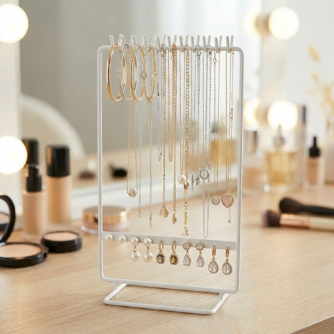 ecofynd Ecofynd 2-Tier White Metal Jewelry Organizer Stand with 11 Hooks & 10 Earring Holes