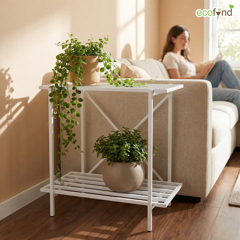 ecofynd Eric Jr Metal White Plant Stand – 2 Tier Utility Display for Home & Garden
