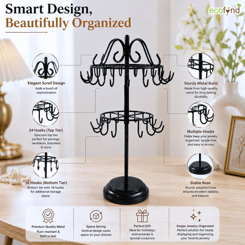 ecofynd Ecofynd Rotating 2 Tier Jewelry Organizer Stand with 40 Hooks (Black)