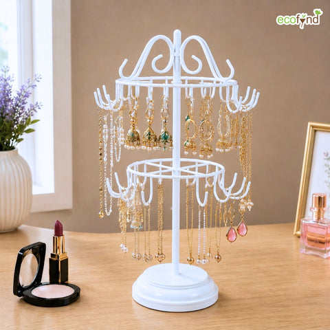 ecofynd 2-Tier White Metal Jewelry Organizer Stand with 40 Hooks