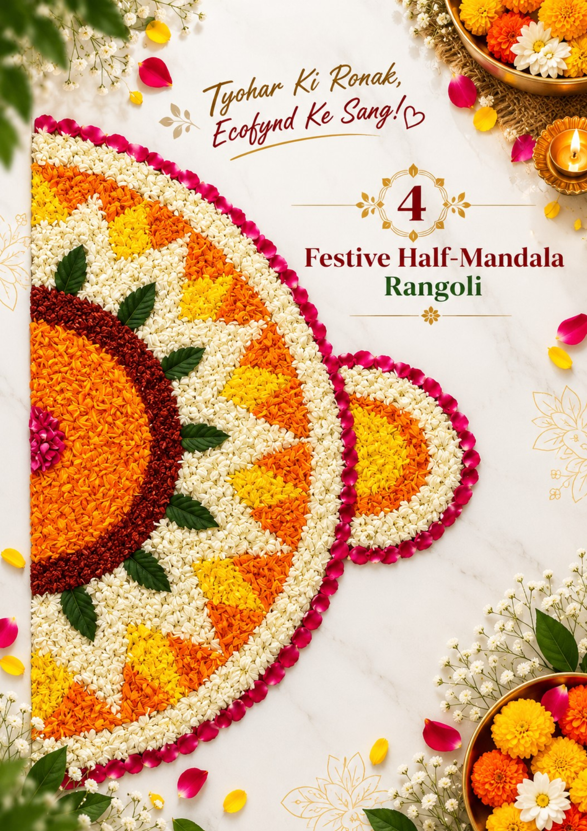 Festive Half-Mandala Rangoli made with white jasmine, orange and yellow petals, red flowers and green leaves