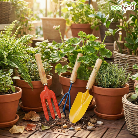 ecofynd 3 Pcs Gardening Hand Tools Set (Cultivator, Trowel, Fork with Wooden Handle)