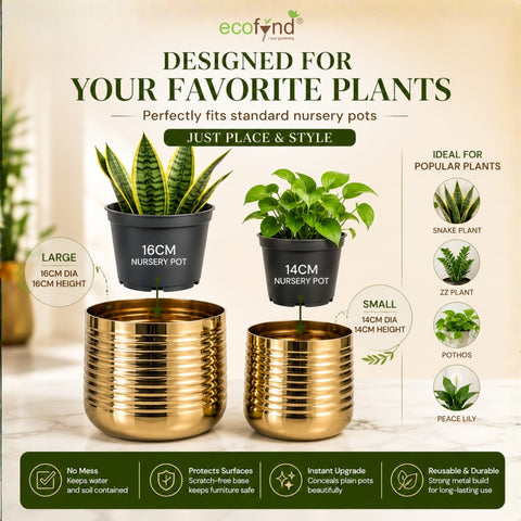 ecofynd Premium Golden Metal Planter – Set of 2, Spiral Design