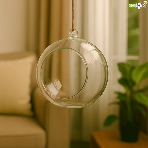 ecofynd Hanging Glass Planter – Cut Sphere Design | Clear Transparent Glass, Medium