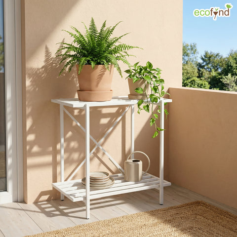 ecofynd Eric Jr Metal White Plant Stand – 2 Tier Utility Display for Home & Garden