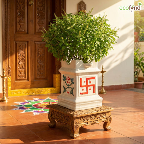 ecofynd Ecofynd 12 Inch Ceramic Tulsi Planter with Diya Holder Ivory