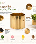 ecofynd 6 Inch Ribbed Metal Pedestal Planter – Gold Finish