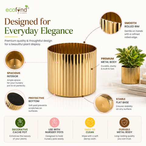ecofynd 6 Inch Ribbed Metal Pedestal Planter – Gold Finish