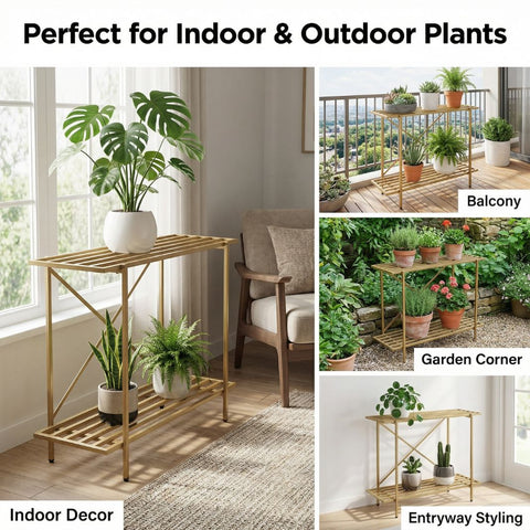 ecofynd Eric Jr Metal Golden Plant Stand – 2 Tier Utility Display for Home & Garden