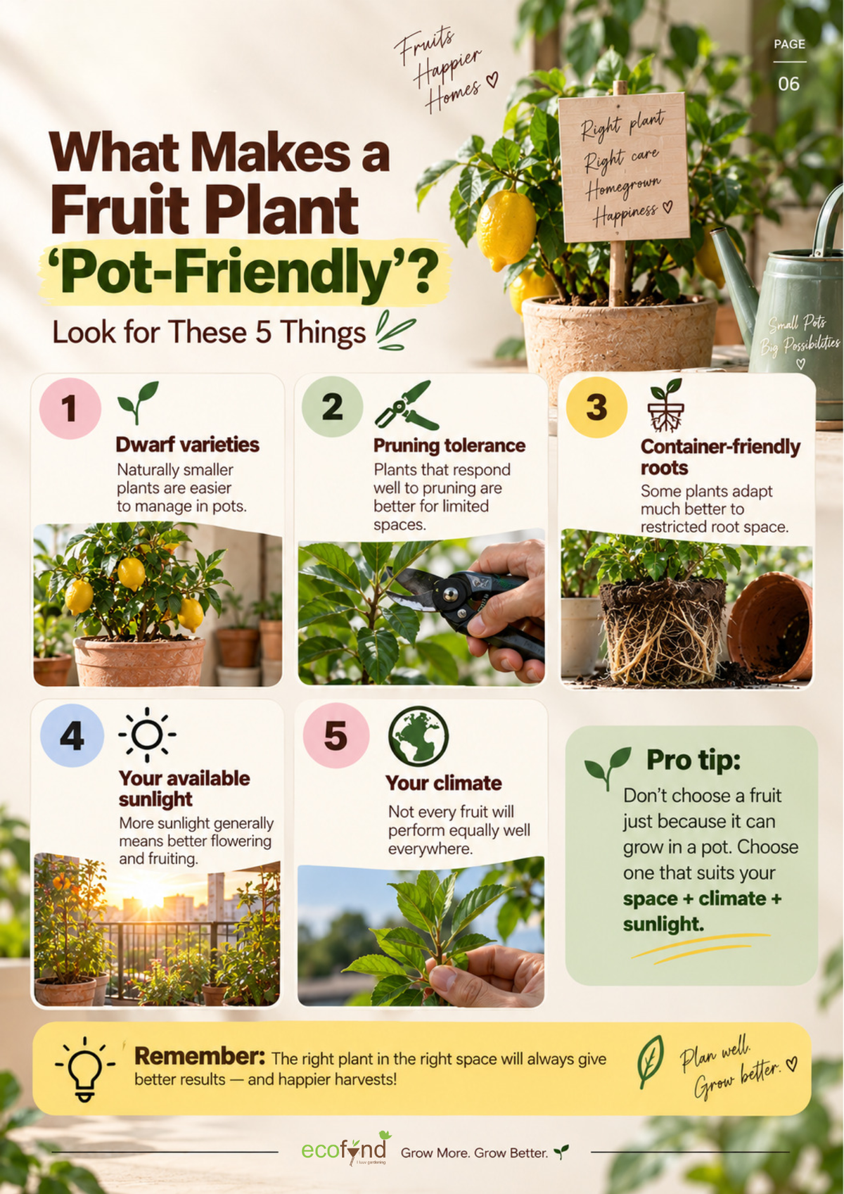 Ecofynd guide listing 5 things that make a fruit plant pot-friendly: dwarf varieties, pruning tolerance, container-friendly roots, sunlight and climate