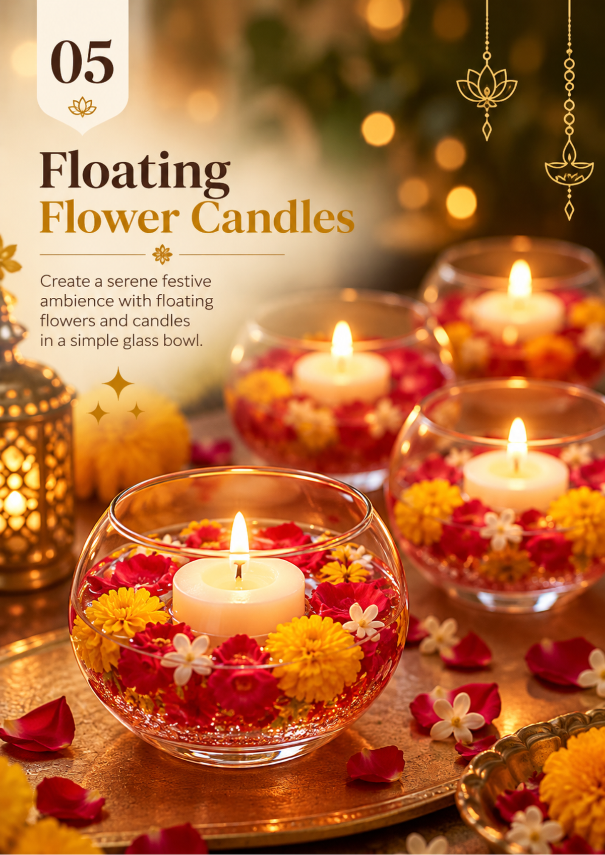Floating flower candles idea with candles, marigolds, roses and jasmine in round glass bowls