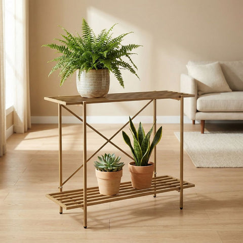 ecofynd Adam Metal Golden Plant Stand – 2 Tier Utility Display for Home & Garden