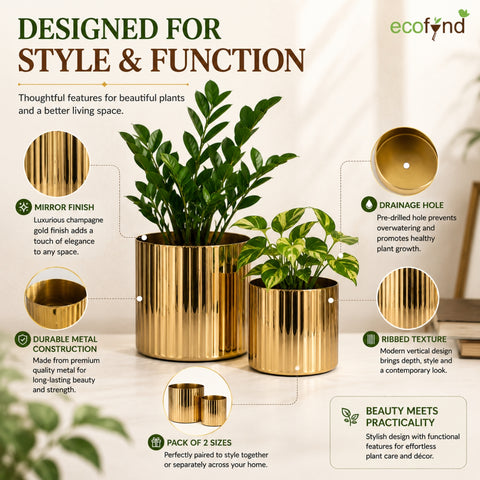 ecofynd Set of 2 Ribbed Metal Pedestal Planter – Gold Finish