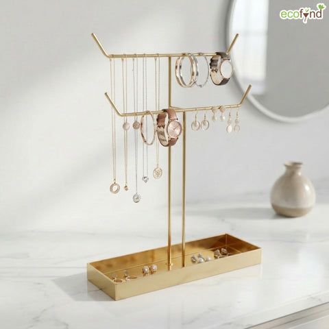 ecofynd Ecofynd 2-Tier Jewelry Hanger Stand with Storage Tray (Golden)