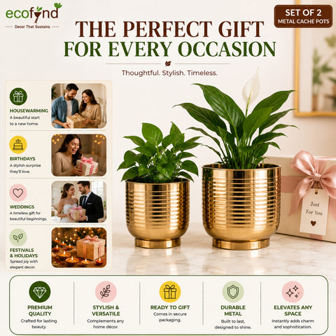 ecofynd Set of 2 Halo Ribbed Metal Planter in Symmetrical Design
