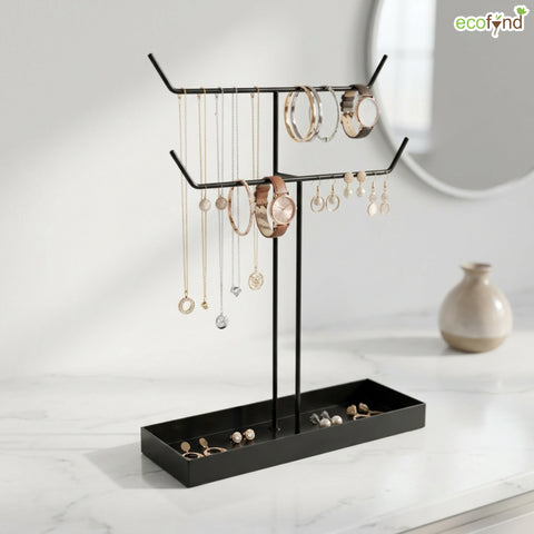 ecofynd Ecofynd 2-Tier Jewelry Hanger Stand with Storage Tray (Black)