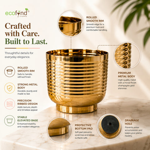 ecofynd Halo Ribbed 7 Inch Planter - Gold Finish Symmetrical Design