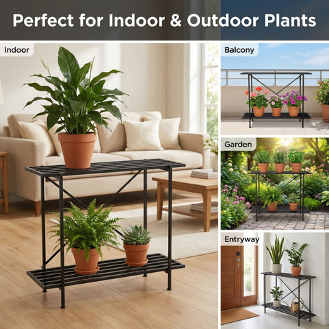 ecofynd Eric Jr Metal Black Plant Stand – 2 Tier Utility Display for Home & Garden
