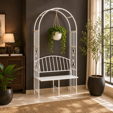 ecofynd Wide Garden Arch with Bench – Elegant Metal Arbor for Climbing Plants