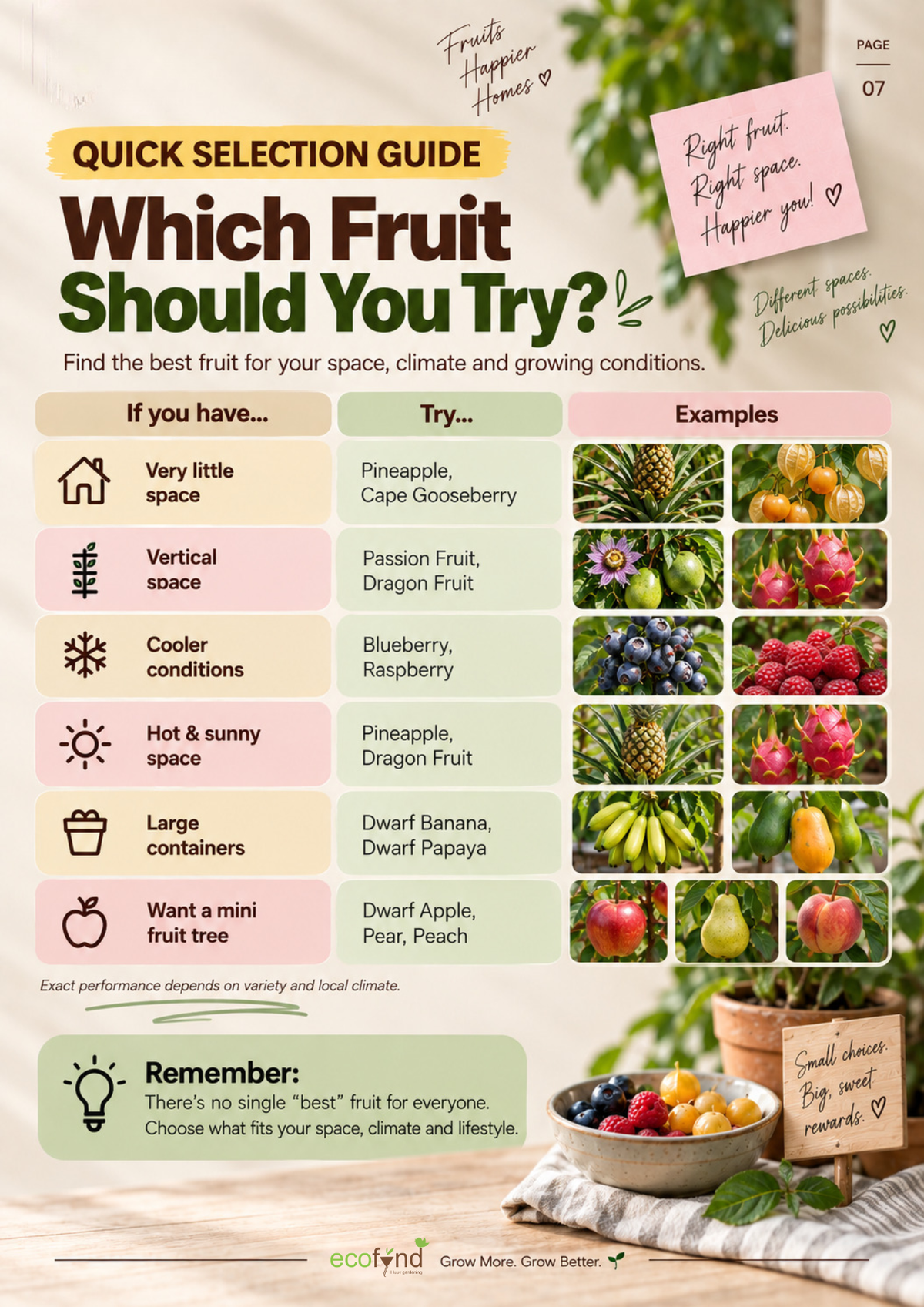 Ecofynd quick selection guide showing which fruit to grow based on space, climate and sunlight conditions