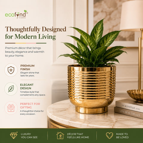 ecofynd Halo Ribbed 7 Inch Planter - Gold Finish Symmetrical Design