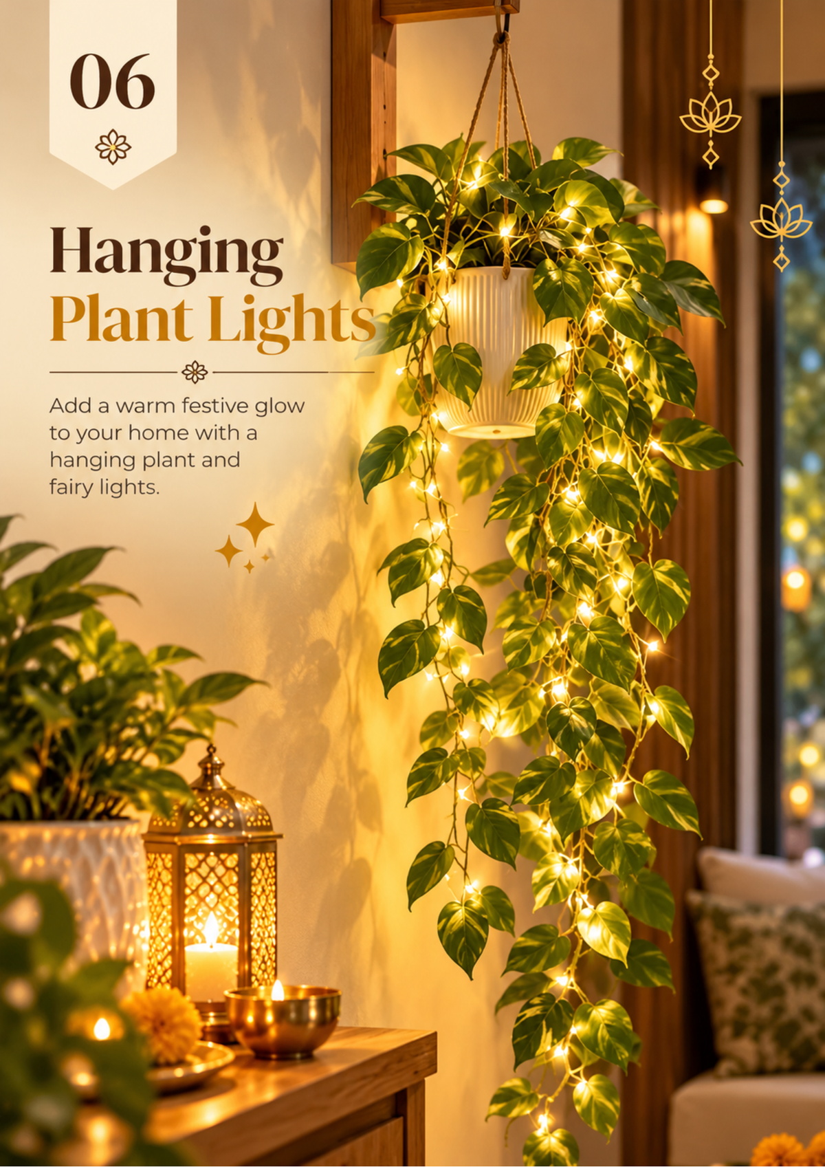 Hanging plant lights idea with a trailing pothos in a hanging planter wrapped in warm fairy lights