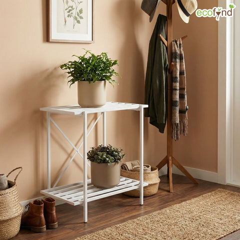 ecofynd Eric Jr Metal White Plant Stand – 2 Tier Utility Display for Home & Garden