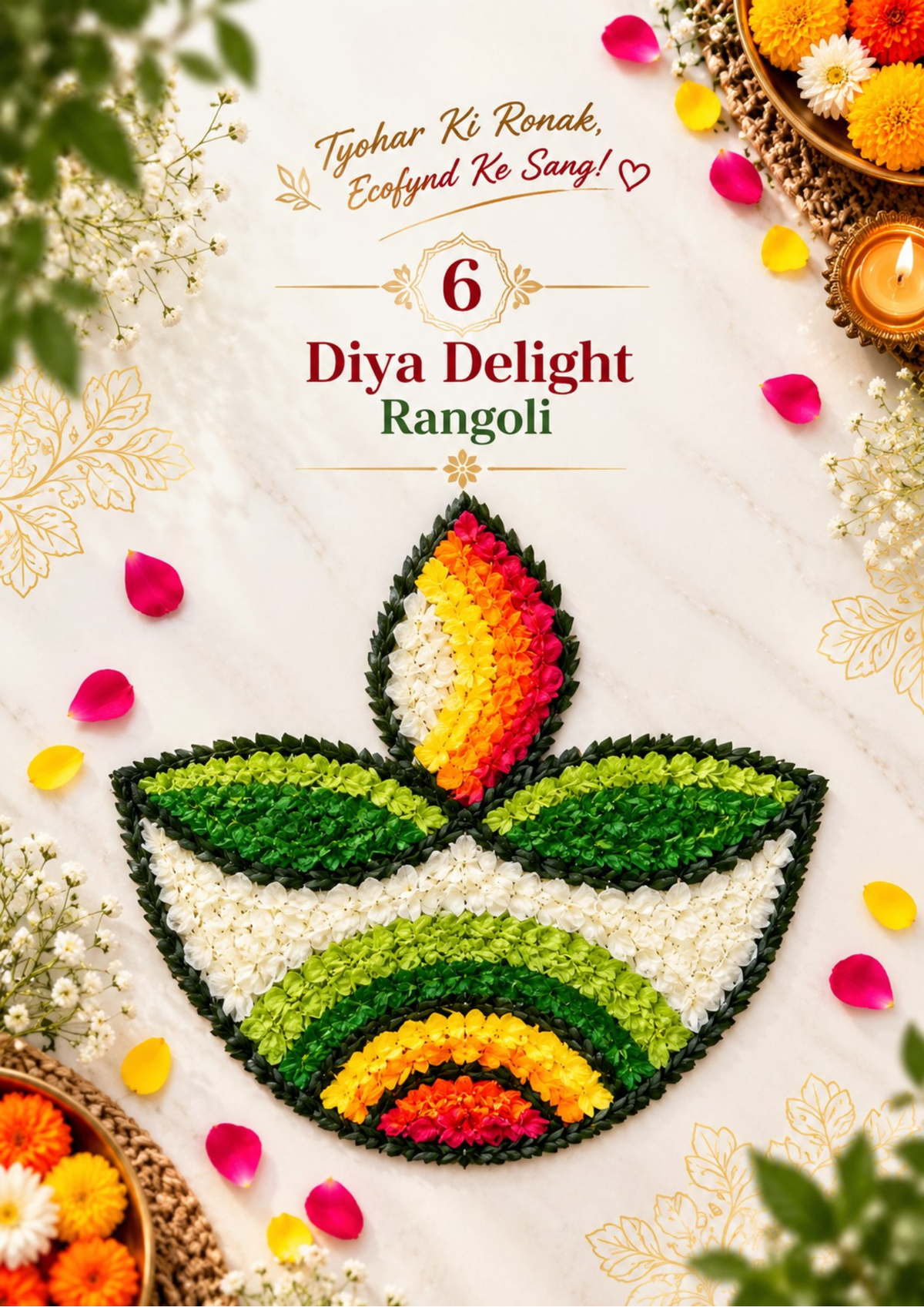 Diya Delight Rangoli shaped like a lit diya, made with layered green, white, yellow, orange and pink petals